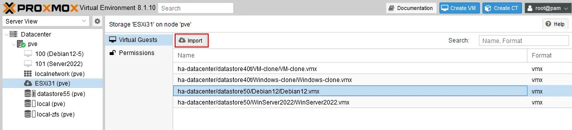 Importing a VMware VM from ESXi to Proxmox in the Proxmox VE web interface