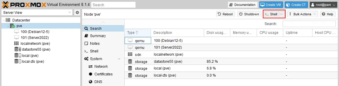 Opening the Proxmox shell (console)