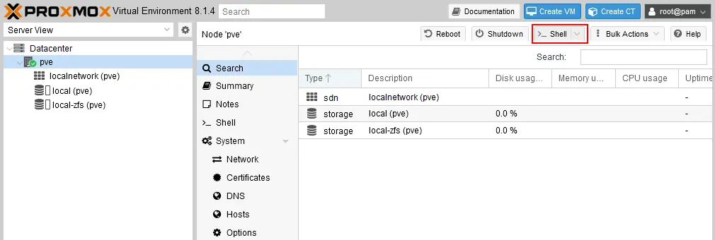 Opening the shell (command line) on the Proxmox host