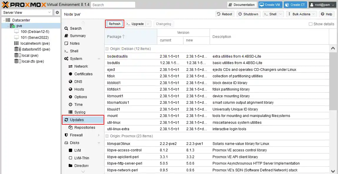 Refreshing the list of packages available for Proxmox update