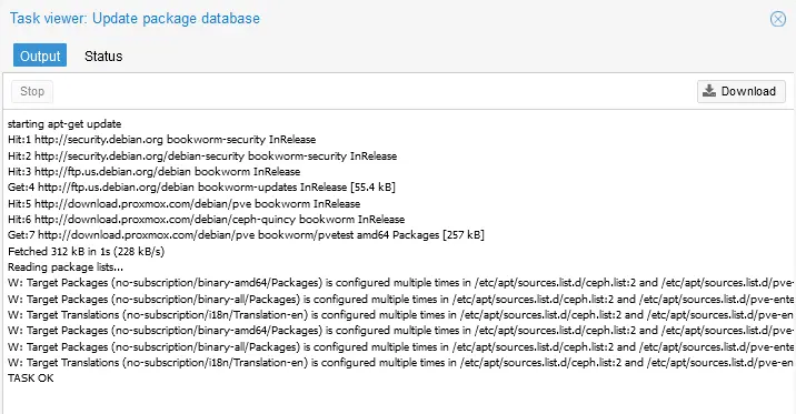Refreshing the list of The Proxmox update packages