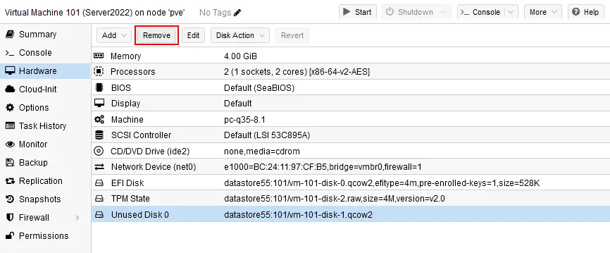 Removing the new virtual hard disk from the new VM