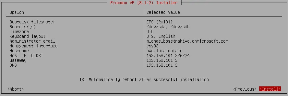 Reviewing the Proxmox installation configuration summary