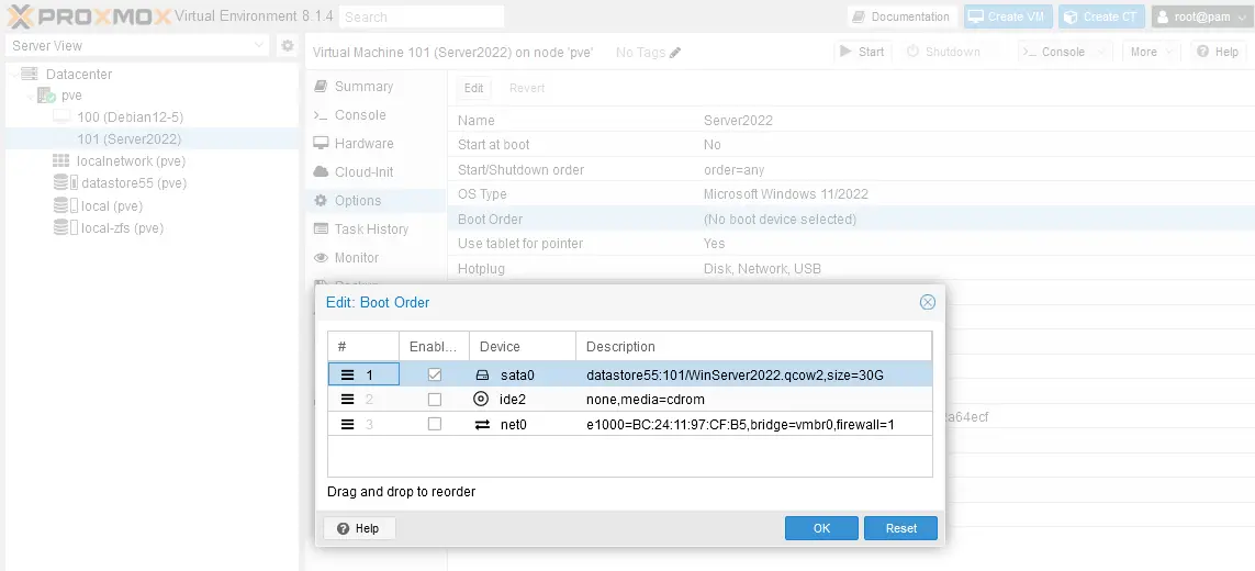 Selecting an imported virtual disk as the first boot device