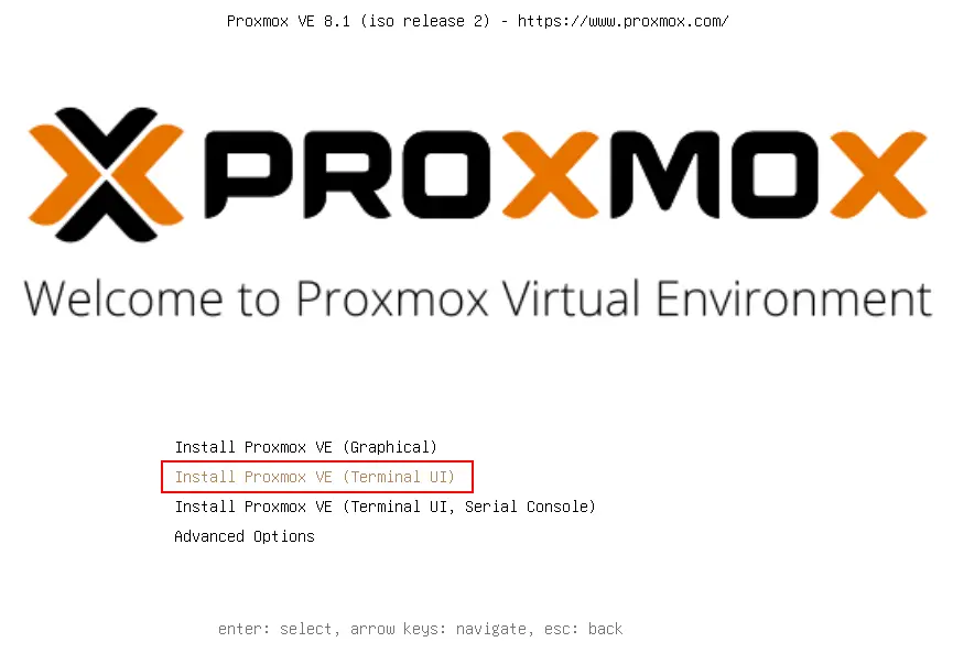 Selecting the user interface for the Proxmox installer