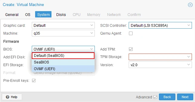 Selecting UEFI or BIOS for a new Proxmox VM