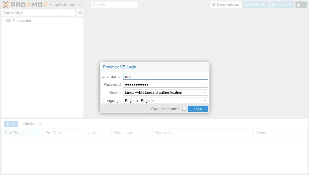 The Proxmox login window in the web interface