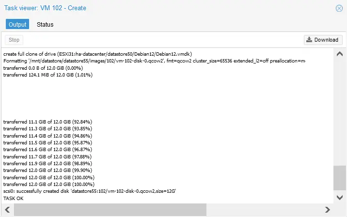 Transferring the virtual disk from ESXi to Proxmox VE
