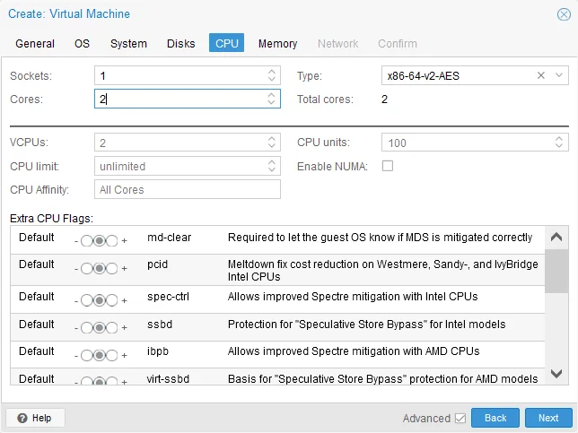 Virtual CPU settings for a new VM