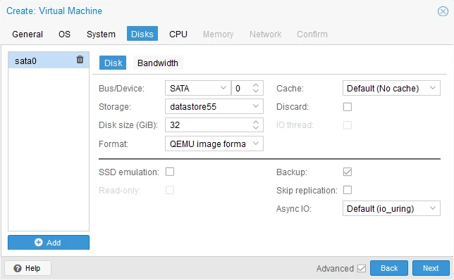 Virtual disk options for a new Proxmox VM