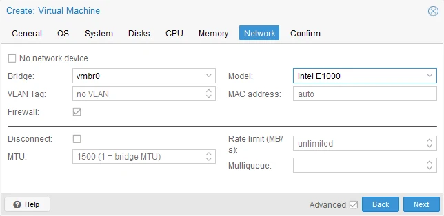 Virtual network settings for a new VM