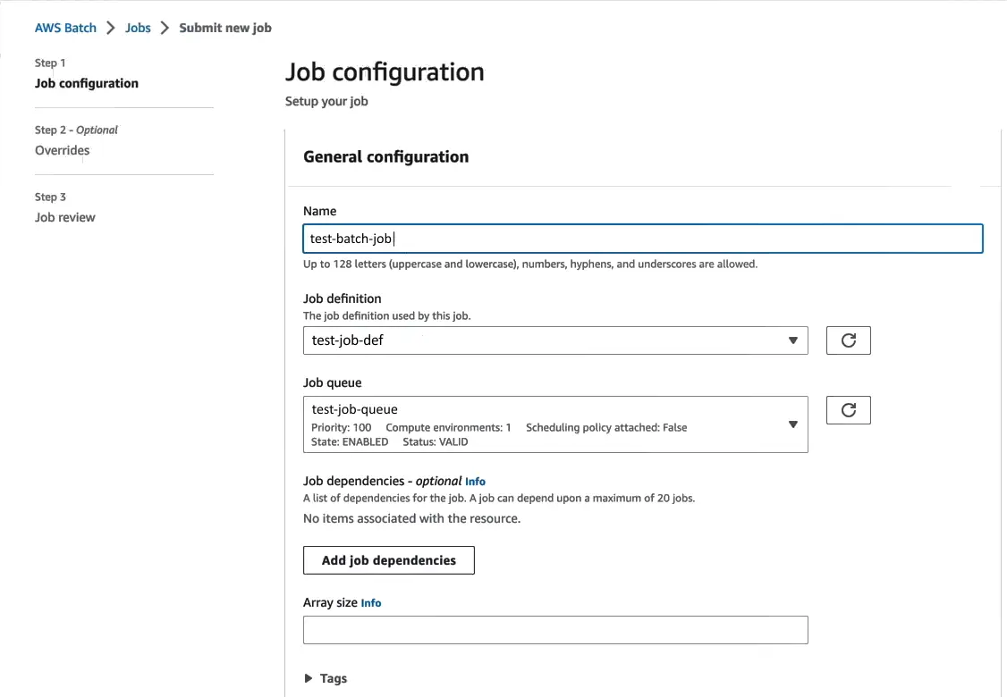 AWS batch job configuration – submitting a job
