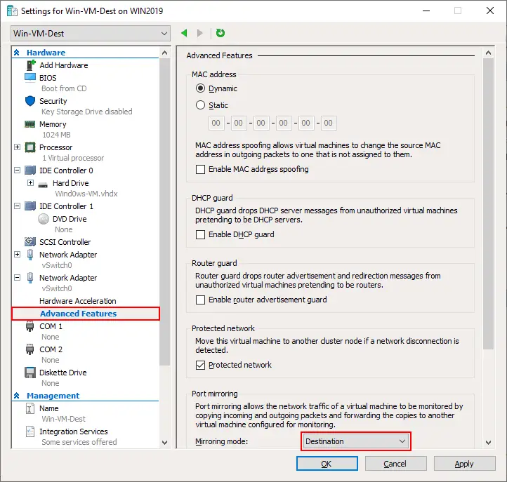 Configure port mirroring on the destination VM