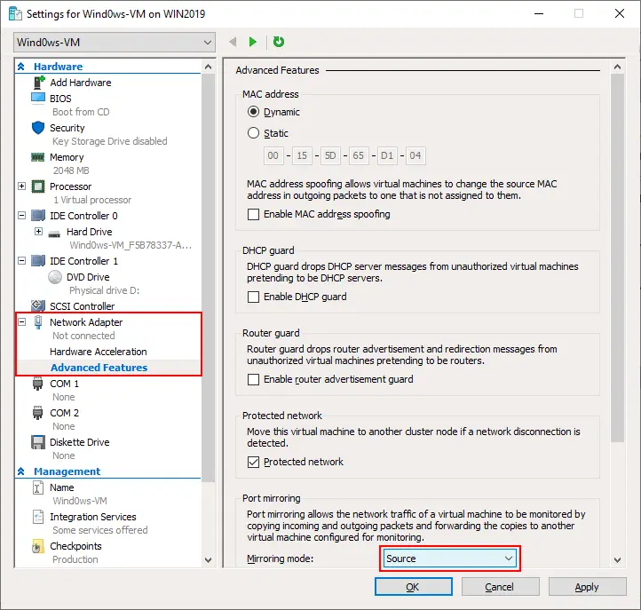 Configure port mirroring on the source VM