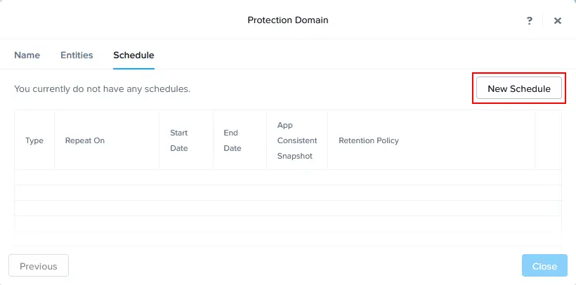 Configuring a schedule for a Nutanix protection domain