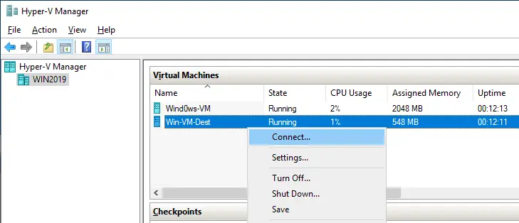Connecting to the destination VM in Hyper-V Manager