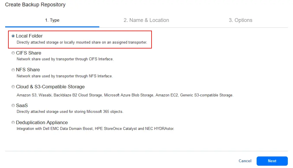 Creating a backup repository using a local folder