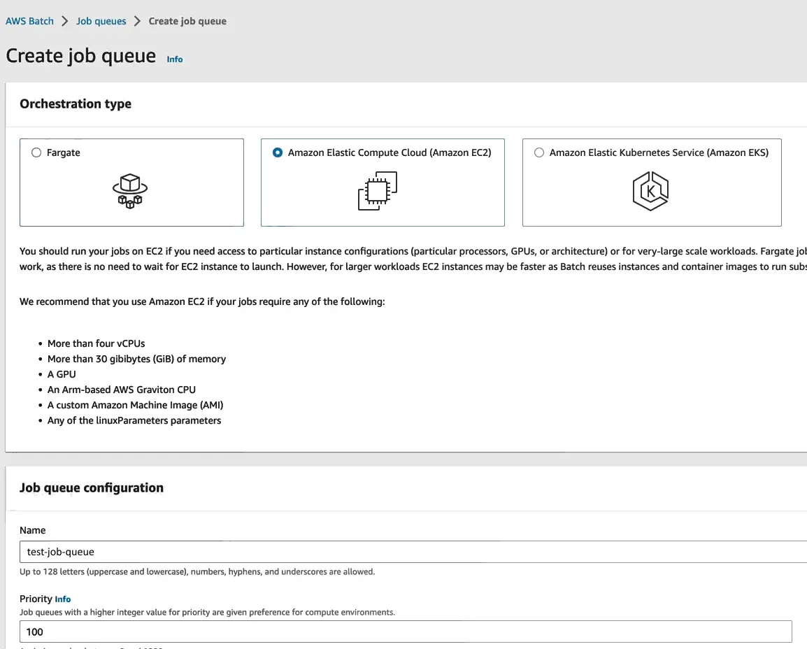 Creating a job queue for AWS Batch processing