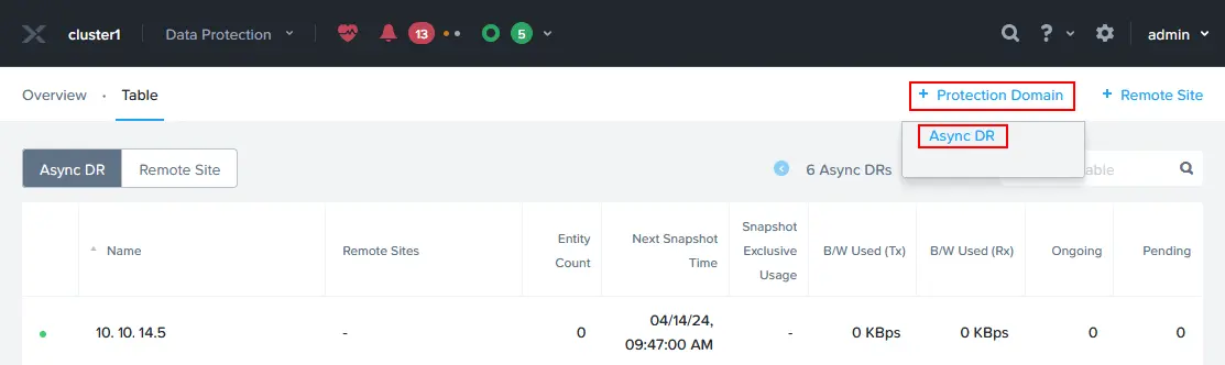 Creating a new Nutanix data protection domain with Async DR