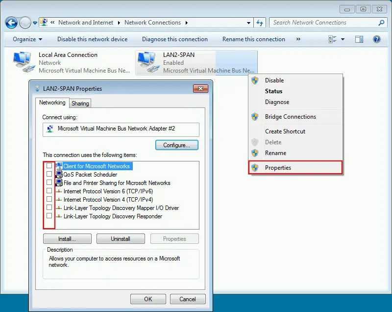Disabling network services for port mirroring in the destination VM