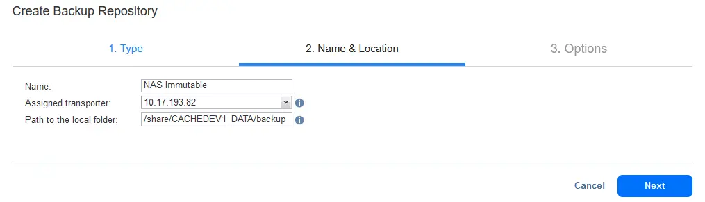 Entering a name and setting the location for the backup repository