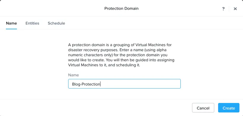 Entering a Nutanix protection domain name