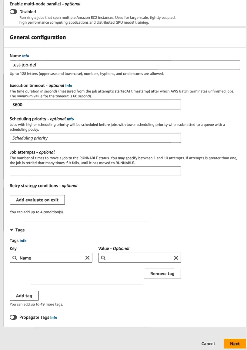 General configuration for an AWS batch job definition