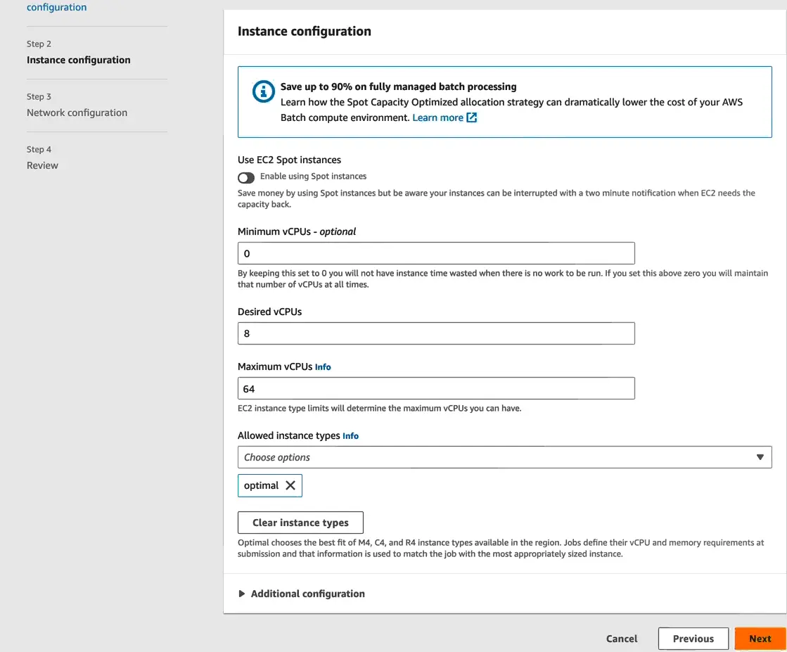 Instance configuration for an AWS Batch compute environment