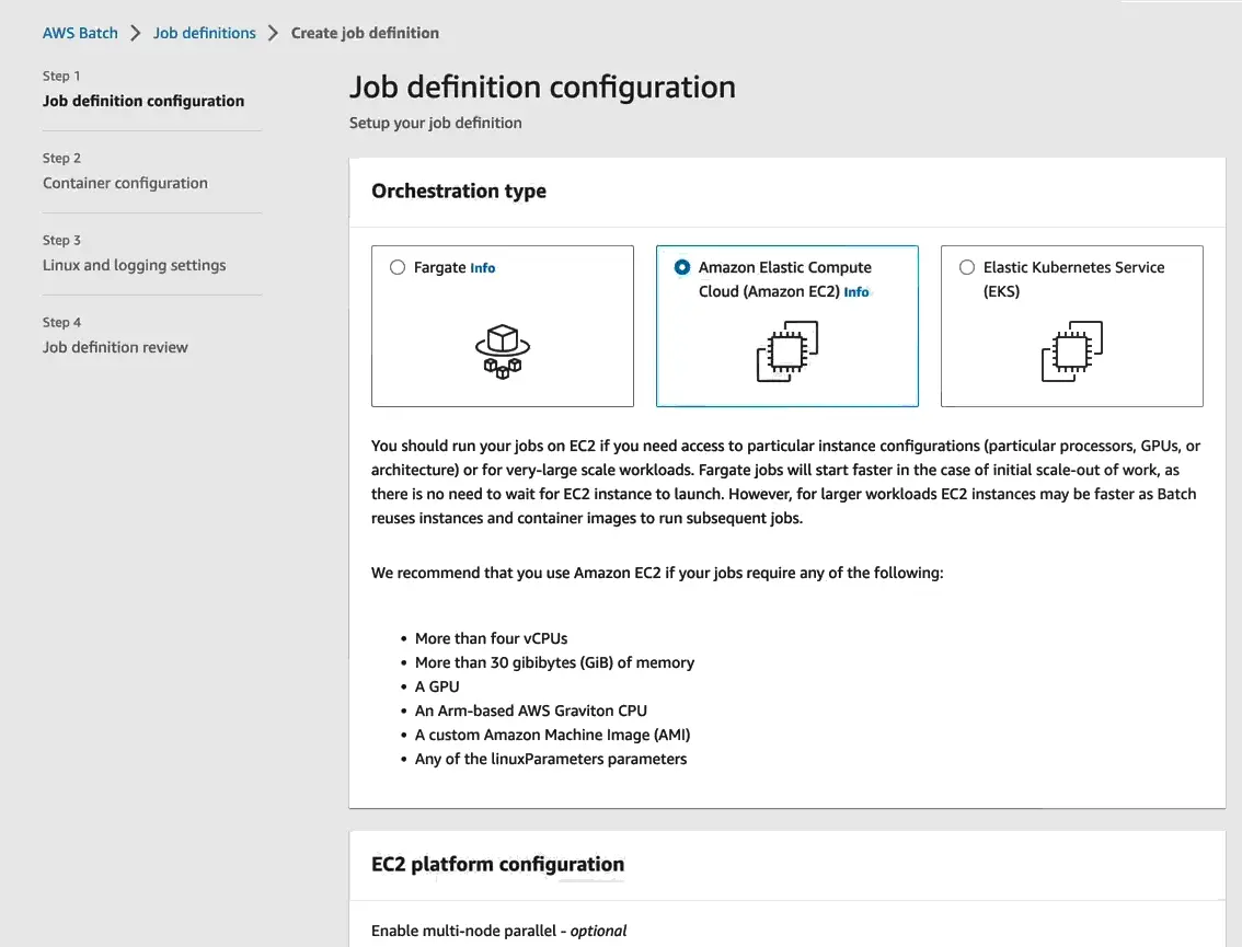 Job definition configuration for AWS batching