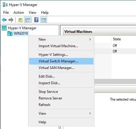 Opening a Virtual Switch Manager on a Hyper-V host