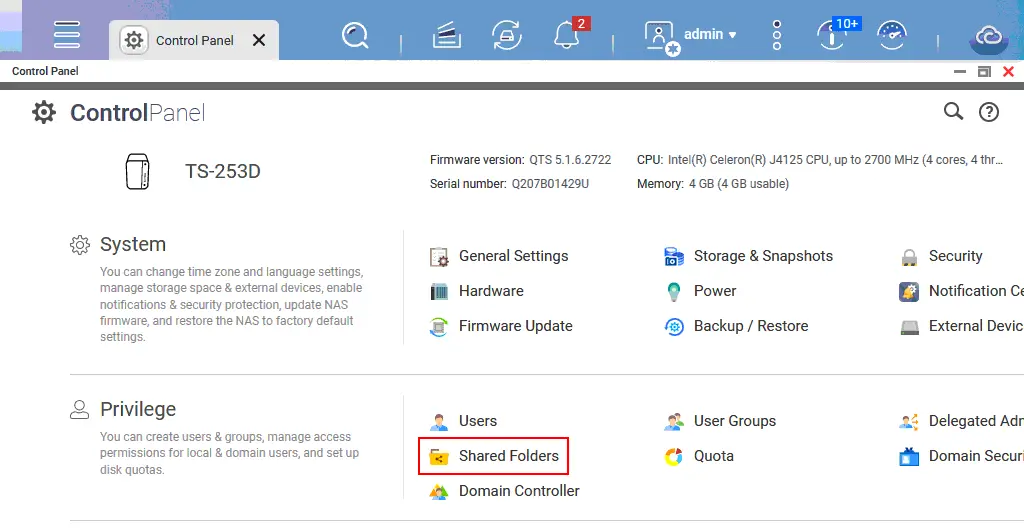 Opening Shared Folders in the web interface of QNAP NAS