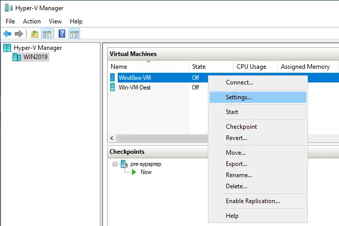 Opening the source VM settings