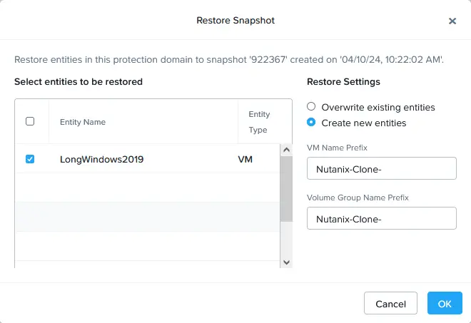 Restoring a snapshot of a Nutanix VM