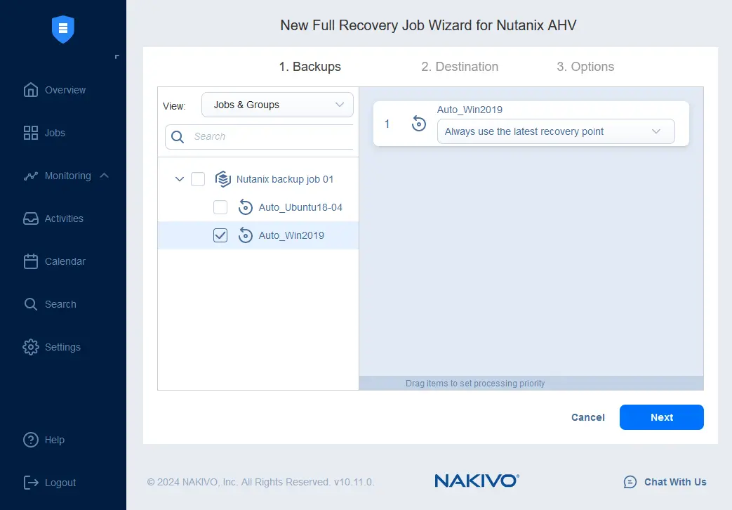 Selecting a backup and recovery points for Nutanix VM recovery