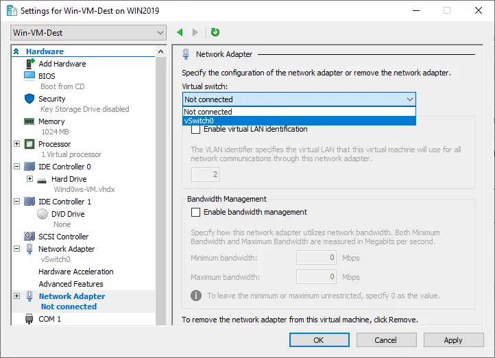 Selecting a virtual switch to connect the virtual network adapter