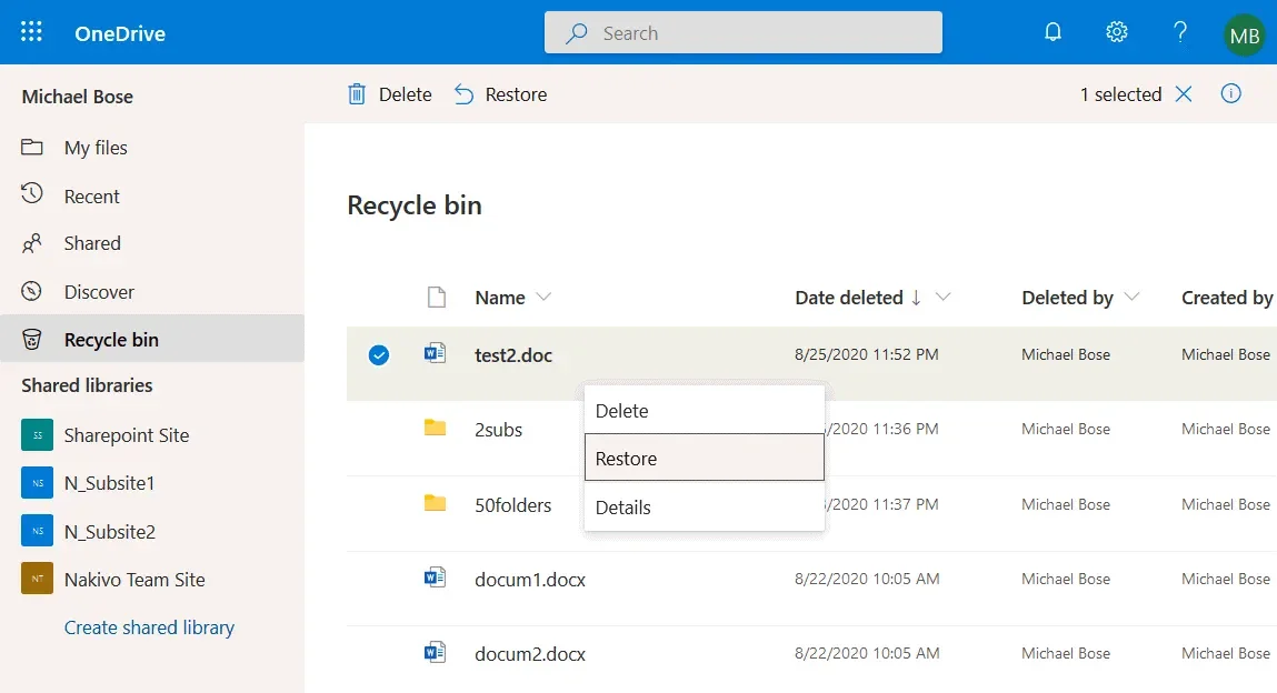 Selecting items in OneDrive Recycle Bin