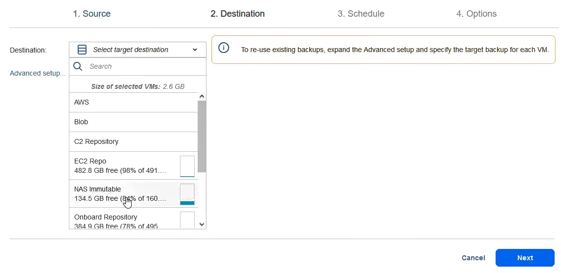 Selecting the immutable NAS repository as destination