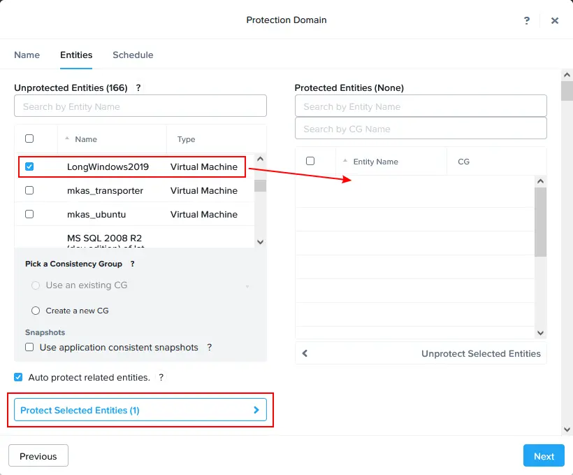 Selecting VMs to a Nutanix data protection domain