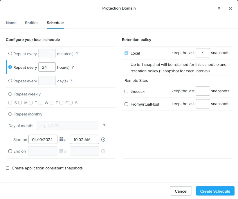Setting up a schedule for a Nutanix protection domain