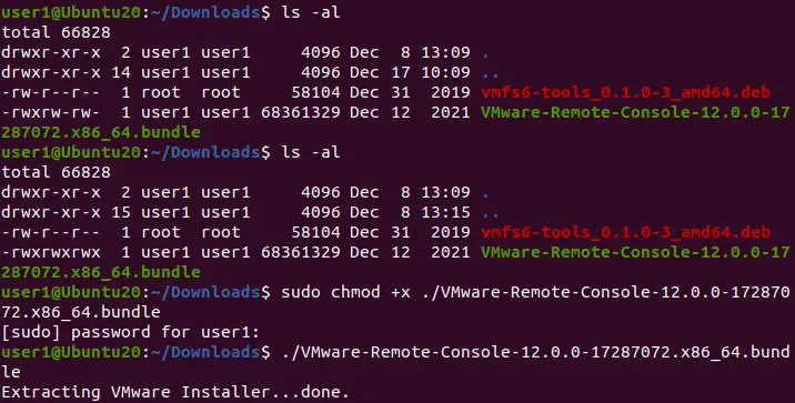 Starting VMware Remote Console installation in Ubuntu 20