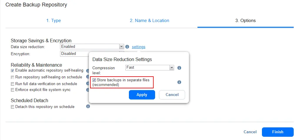 Store backups in separate files to enable immutable backups