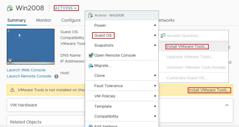 Mounting the ISO image to install VMware Tools