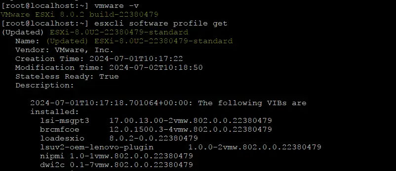 Vérification de la version ESXi et de la version du profil après la mise à jour