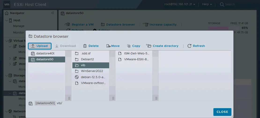 Copie de fichiers VIB vers un magasin de données ESXi