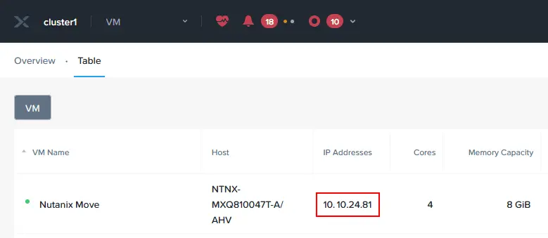 Comprobación de la dirección IP de la Nutanix Move VM