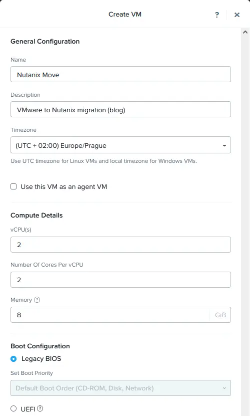 Configuración de los parámetros de la nueva máquina virtual