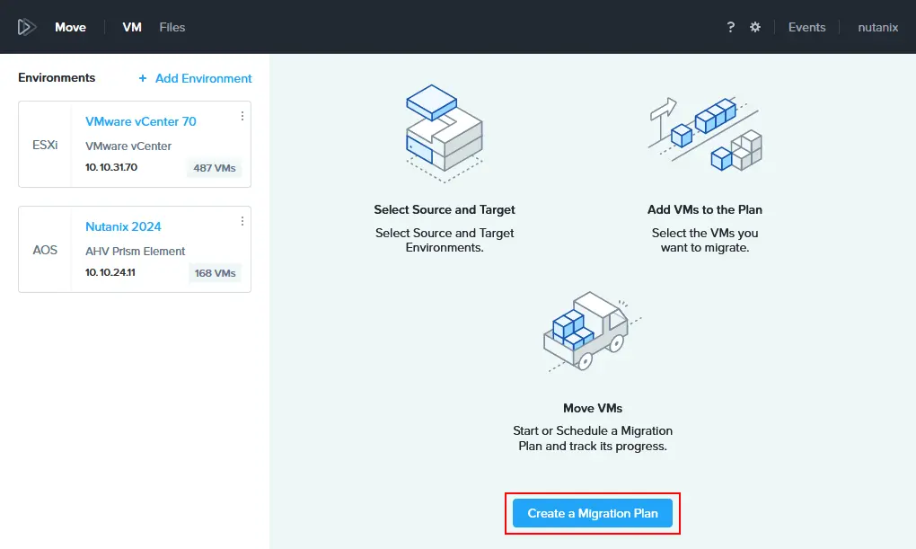 Creación de un plan de migración en Nutanix Move