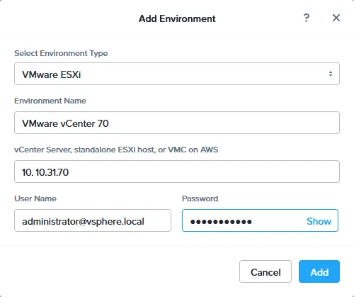 Introducción de la dirección IP y las credenciales del entorno VMware vSphere