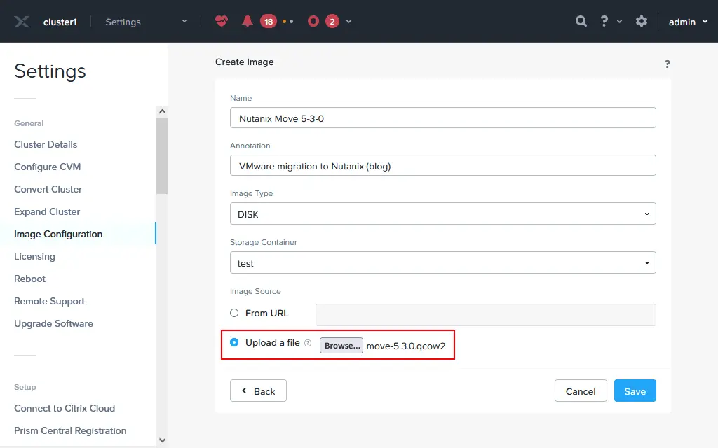 Selección y carga de la imagen qcow2 de Nutanix Move