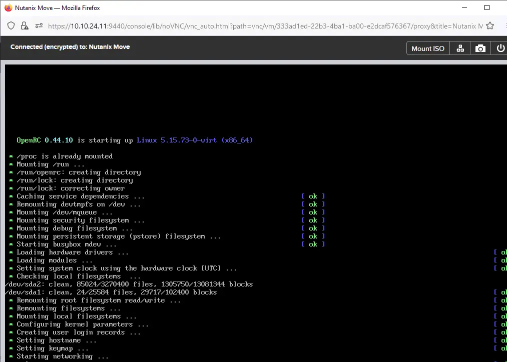 El appliance virtual Nutanix Move está iniciando.